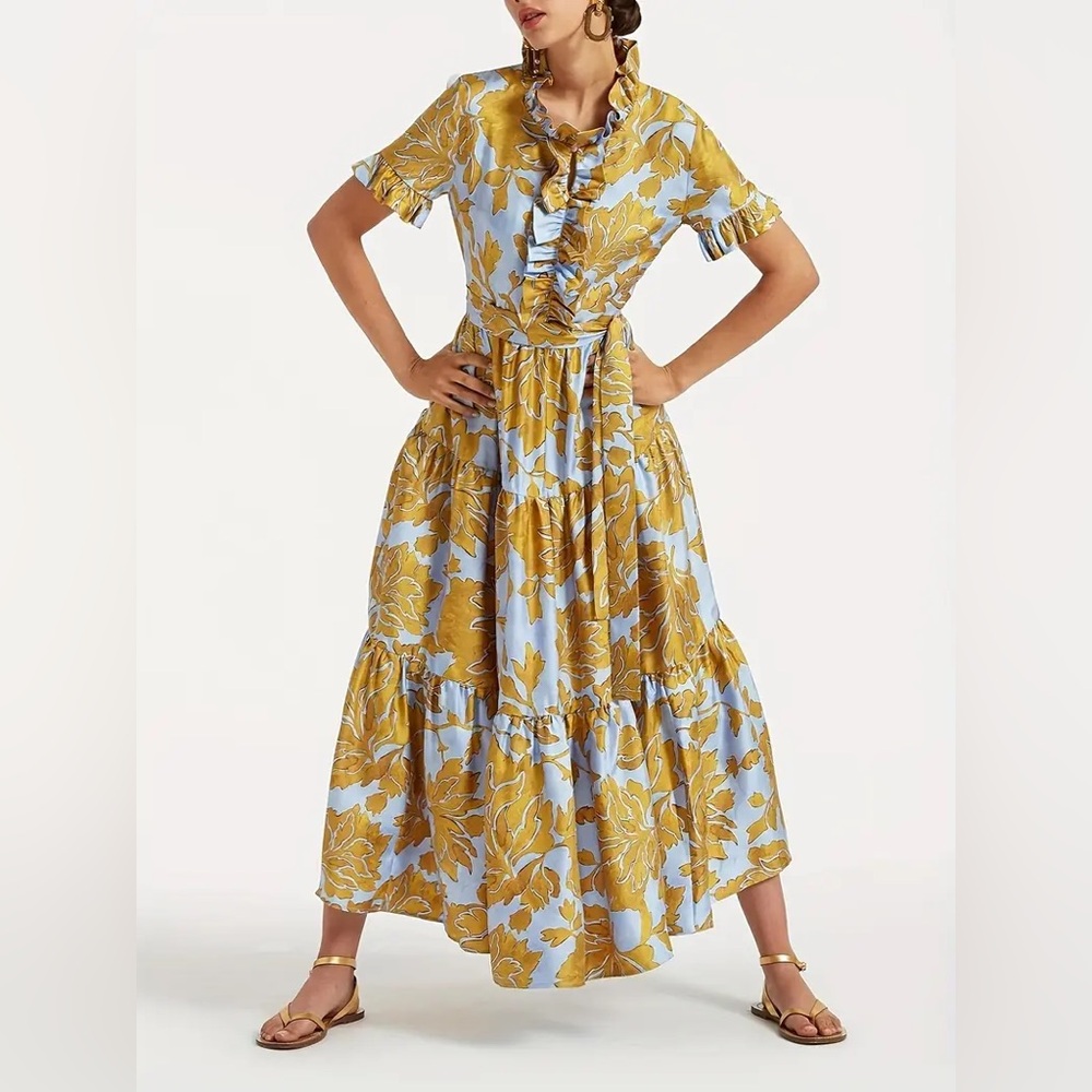 NEW - Floral Ruffle Maxi Dress‎ in Blue and Gold - Picture 5 of 9